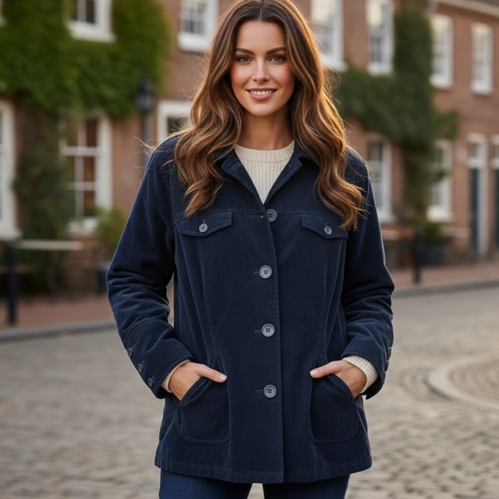 Talbots Jacket Women's Petite 14W Velour Button Down Collared Pockets Navy‎ Blue